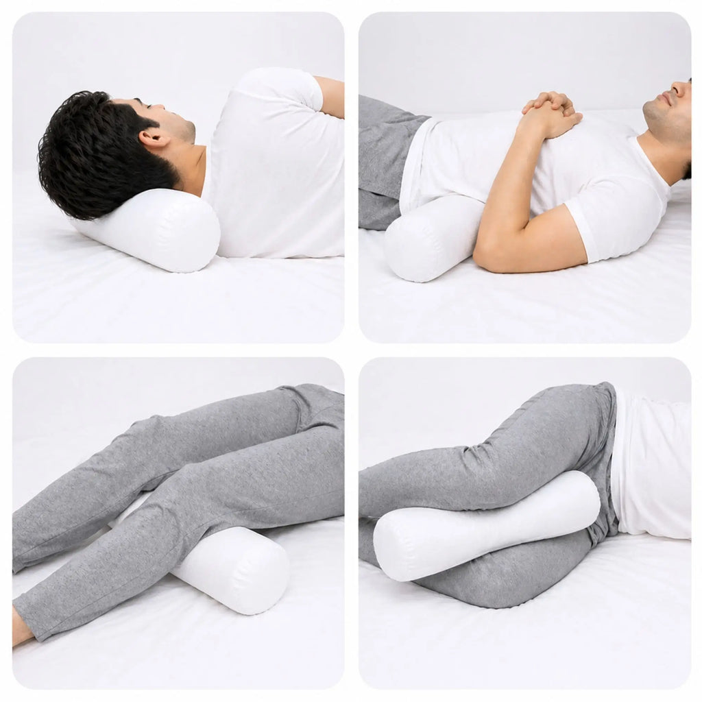 neck roll pillow uses for neck support, back support and leg support positioning